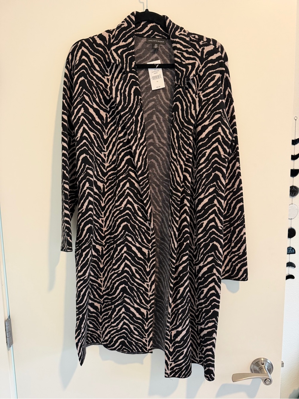 NWT Saks Fifth Avenue Black and Cream Zebra Print Open Duster Long Cardigan